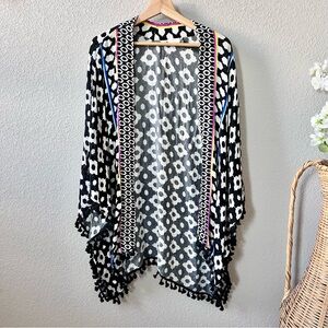 Trina Turk Black & White Ikat Print Cover Up One Size Colorful Stripes Pom Poms